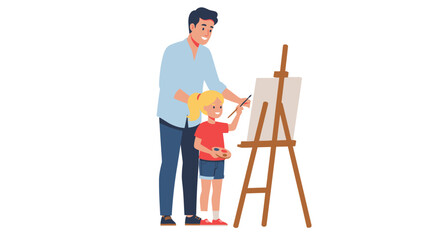 Fototapeta premium Father guiding young daughter as she paints on a canvas, enjoying art.