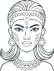 Elegant line art illustration of a woman wearing a traditional tribal mask, minimal black and white isolated vector design symbolizing cultural identity, heritage, and beauty, perfect for decorative 