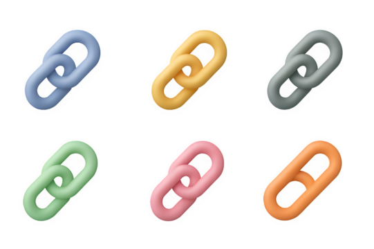 Colorful Set of 3D Interlocking Chain Links
​Glossy Connection and Hyperlink Icons Collection
​Vibrant Web URL Symbols in Bubble Style