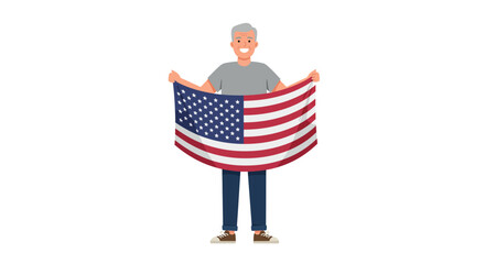 A smiling elderly man holds the American flag in front of him, celebrating patriotism.