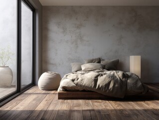 A bedroom with a bed, a lamp, and a vase