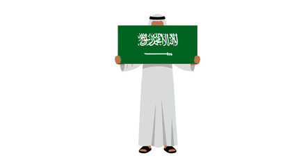 A person wearing traditional attire holding up the Saudi Arabian flag.