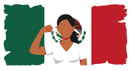 Woman flexing arm against the backdrop of a Mexican flag, symbolizing strength and national pride.