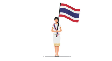 A woman in traditional attire proudly holds the Thai flag, standing tall.