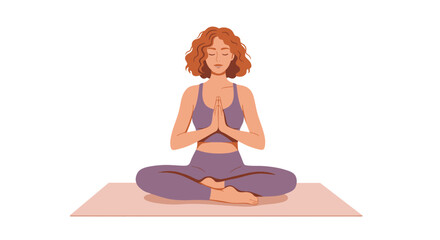A woman with red hair meditates in a lotus position on a yoga mat.