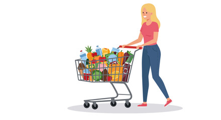A blonde woman happily pushing a shopping cart overflowing with groceries.