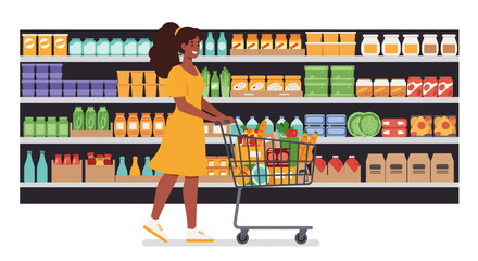 Woman smiling and pushing a shopping cart filled with groceries in a supermarket aisle with stocked shelves.