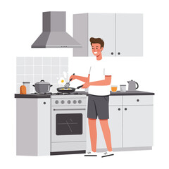 A man cooking eggs in a kitchen with a stove, cabinets, and various kitchenware.