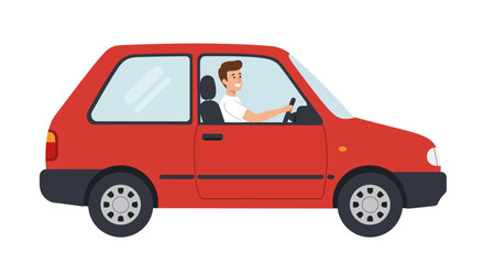 Illustration of a smiling man driving a red compact car with a white background.
