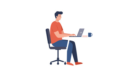 A man sits at a desk, working on a laptop, with a coffee cup nearby.
