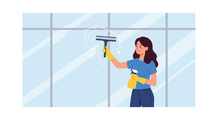 Woman cleaning a large window with a squeegee and spray bottle, wearing yellow gloves and a blue shirt.