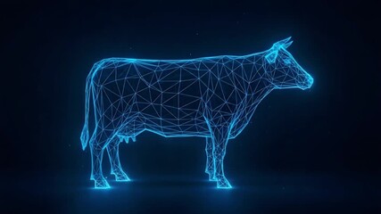 Mesmerizing blue wireframe cow animation with glowing particles on a dark background - Powered by Adobe