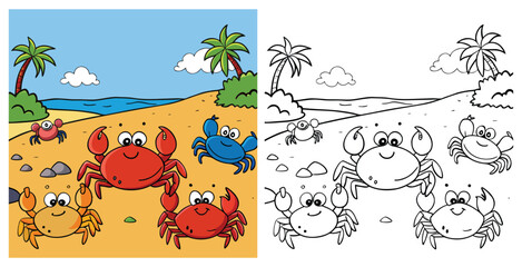 Cartoon Beach Crabs Coloring Page – Fun Ocean Scene with Palm Trees, Sand, Sea, Clouds in Outline and Colored Version for Kids © Ashikuzzaman