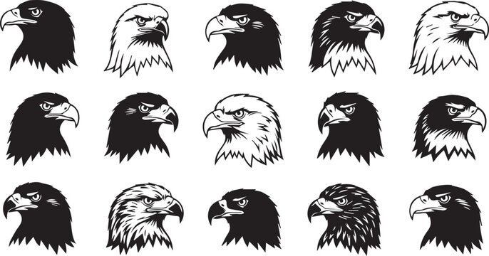Striking set of eagle head designs for bold branding and impactful logos conveying strength and freedom in your next design project