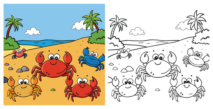 Cartoon Beach Crabs Coloring Page &ndash; Fun Ocean Scene with Palm Trees, Sand, Sea, Clouds in Outline and Colored Version for Kids