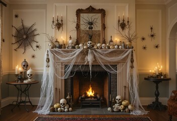 halloween candle mantel decoration over fireplace with skull and spider web decor