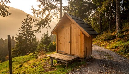 A small wooden structure sits beside a path, nestled in a forest with mountains in the background. The warm light of the sun illuminates the scene