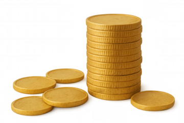 Gold coins stacking and scattering, representing finance, wealth, investment, and savings concept on transparent background