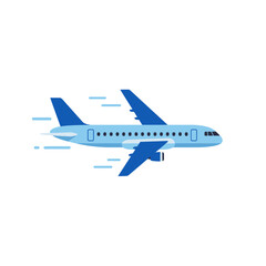 Detailed side view of a modern commercial jet airplane with blue accents and labels isolated on white background
