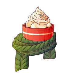 Vector warm cup with whipped cream wrapped in green knitted scarf. Cozy winter illustration symbolizing comfort, warmth, and holiday season mood.