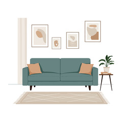 Modern living room scene with teal sofa framed art and plant isolated on white background