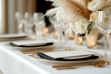 Elegant table setting featuring gold-rimmed plates, gold flatware, floral arrangements, and soft candlelight, creating a luxurious and inviting ambiance.