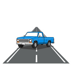 Classic blue pickup truck driving on an asphalt road towards a distant mountain isolated on white background © GDMala02