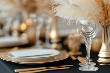Elegant table setting with gold accents, pampas grass, and crystal glassware for a refined dining experience. Ideal for celebrations.