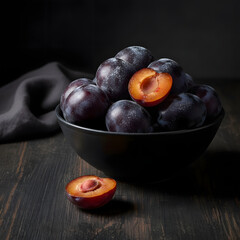 Fresh ripe plums in a bowl on a dark wooden surface