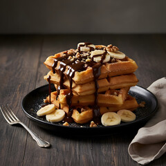Crispy waffles topped with sliced bananas and drizzled with melted chocolate, served on a dark 