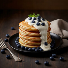 Stack of fluffy pancakes on a black plate, drizzled with white chocolate and topped with fresh blueberries