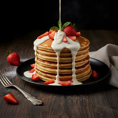 Stack of fluffy pancakes on a black plate, drizzled with white chocolate and topped with fresh strawberries