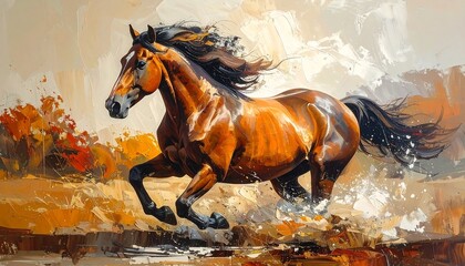 A majestic brown stallion gallops through an abstract landscape. Brushstrokes capture movement and energy. The horse is the focal point