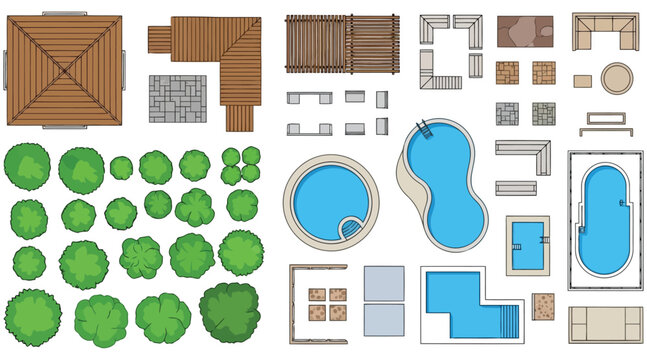 Vector art of overhead view of landscape design elements, including pools, trees, decks, patios, and furniture for creating custom outdoor spaces - Powered by Adobe