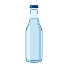 Clear glass bottle with blue cap filled with light blue liquid refreshment isolated on white background