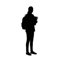 Silhouette of a person with backpack and books standing still outdoor scene isolated on white background