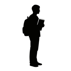 Silhouette of a student with backpack and books standing profile view ready for education isolated on white background