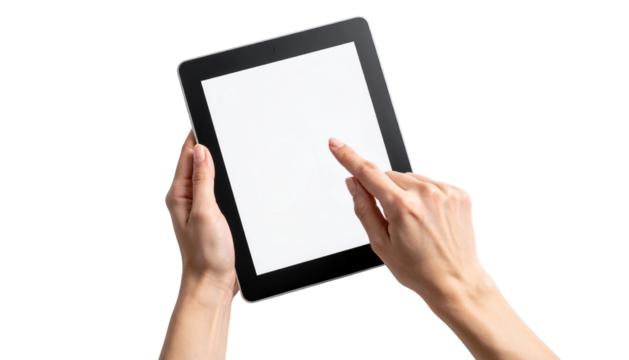 Tablet Mockup Hands Holding Blank Screen Device on White Background