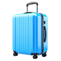 Glossy blue suitcase with vertical ridges, retractable handle on black