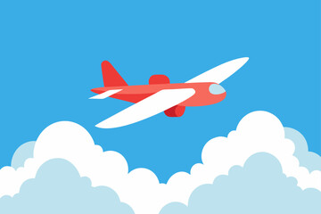 Fototapeta premium Red airplane flying through the sky with white clouds