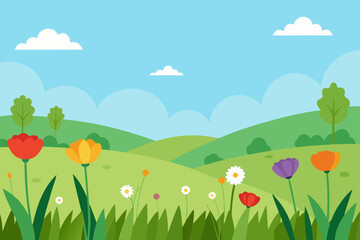 Fototapeta premium Landscape with flowers hills and clouds in the sky