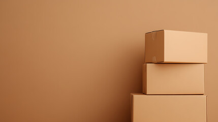 Stacked Boxes:  A pile of three cardboard boxes sits against a neutral backdrop, suggesting moving, storage, or delivery services. The setup is minimal.