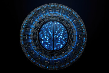 Fototapeta premium AI brain motif, centered on a circular platform in blue and black colors.