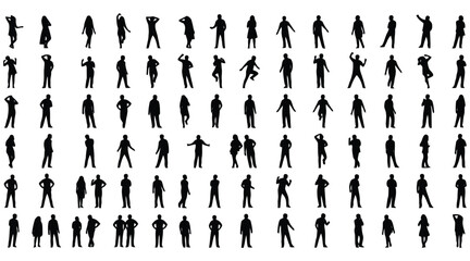 Vector art of a diverse collection of 80 human silhouettes in various poses, showcasing a range of activities and expressions against a clean white backdrop