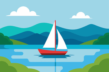 Red sailboat sailing on a lake with mountain view