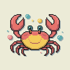 pixel crab mascot, round yellow shell, bubbles around, cheerful marine creature, retro arcade artwork, seaside cartoon vector