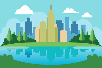 City skyline reflected in water with trees and clouds