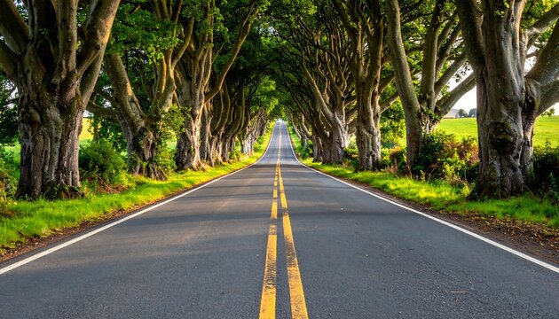 A long asphalt road flanked by tall trees creates a vibrant green canopy. Sunlight filters through the leaves, illuminating the scene
