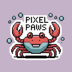 pixel crab badge, cute smiling claws, pastel purple background, playful ocean theme, adorable seafood illustration, clean vector