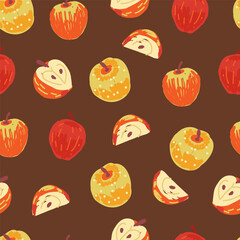 Apple seamless pattern. Hand-drawn vector repeat design featuring whole apples and apple slices in red and yellow tones on a brown background.